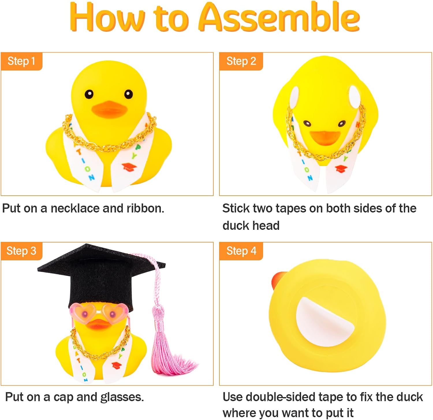 wonuu Graduation Duck Car Dashboard Decor Rubber Duck, Car Ducks Ornaments for Graduation Gift with Heart Shape Sunglasses, Graduation Hat-Shoulder Strap Chain