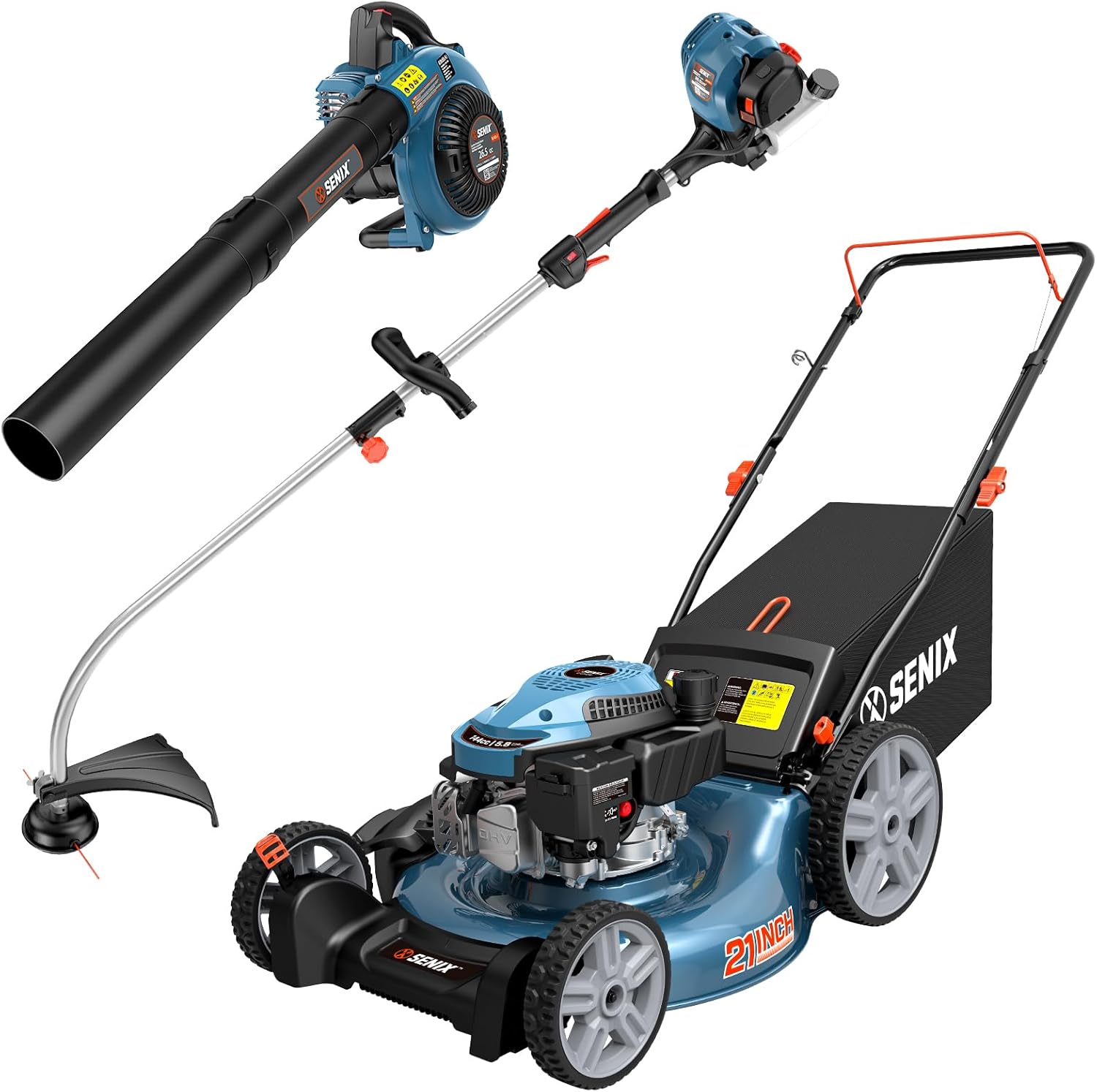 SENIX LSPG-M14 21-inch 144cc Gas Lawn Mower, 26.5 cc String Trimmer and 4-Cycle Leaf Blower Kit