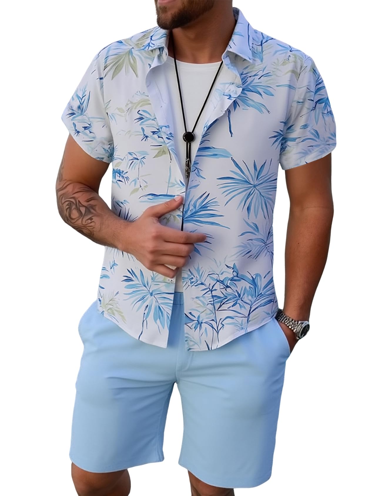Yimoon Men's Summer 2 Piece Outfits Tropical Print Short Sleeve Button Down Hawaiian Beach Shirt and Shorts Set