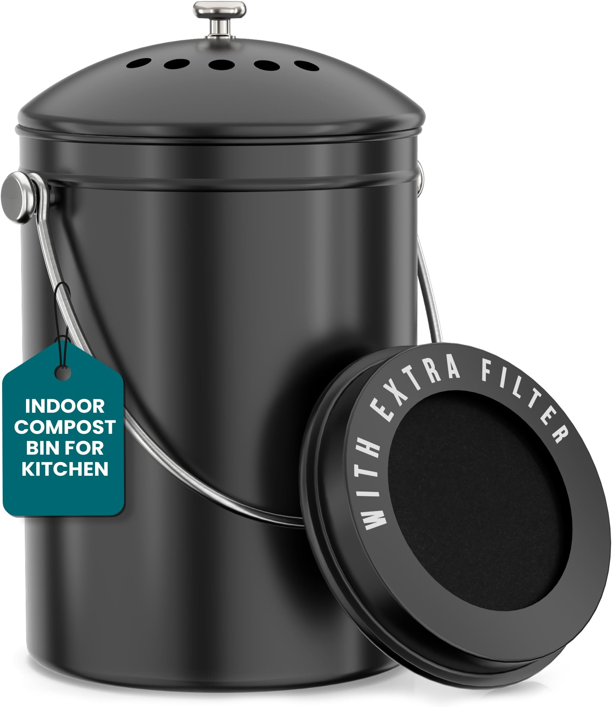 Utopia Kitchen Countertop Compost Bin 1.3 Gallon, Stainless Steel, Grey