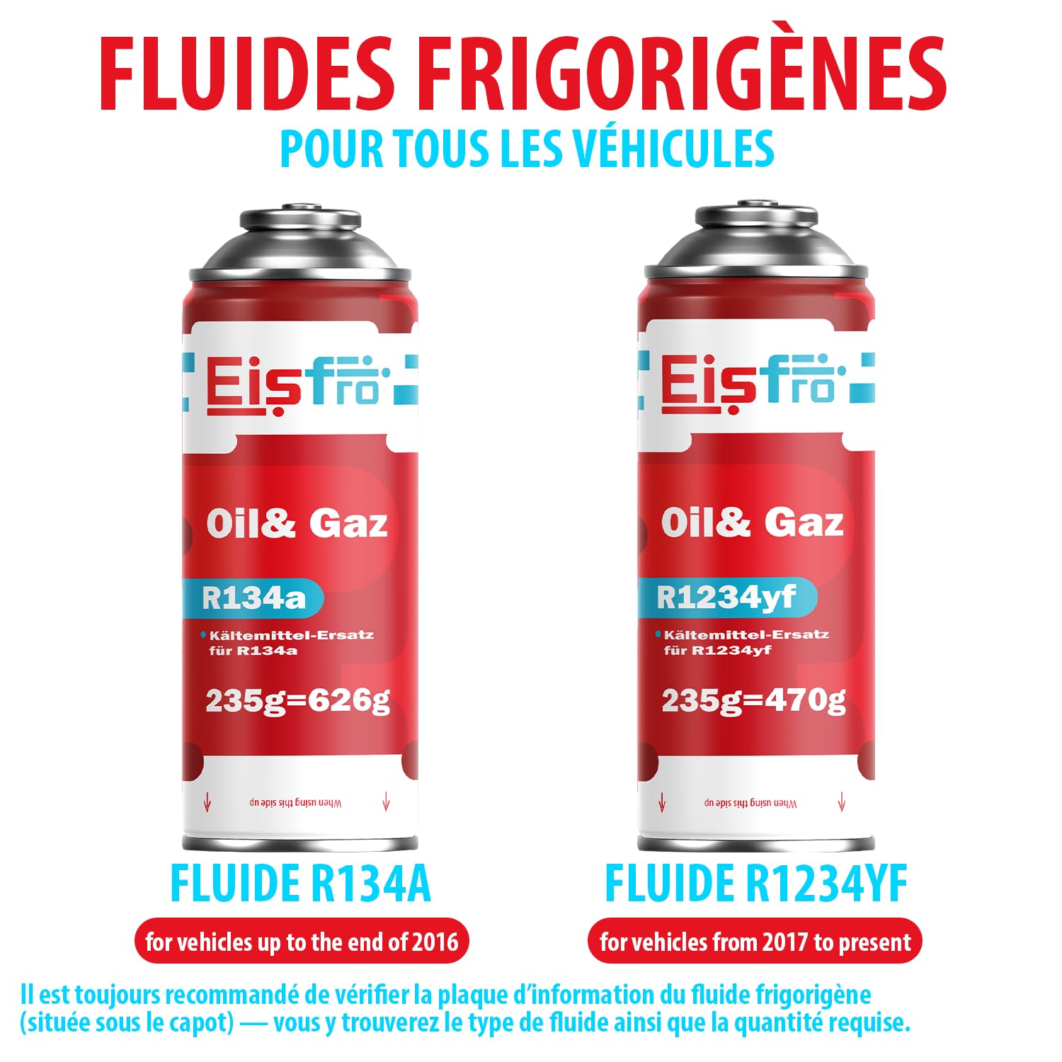 Fluide Réfrigérant R1234yf Kit Recharge Climatisation – Gaz pour Climatisation Véhicules Depuis 2016 – 5X 235 g Bouteilles avec Tuyau de Recharge et Adaptateur AZ