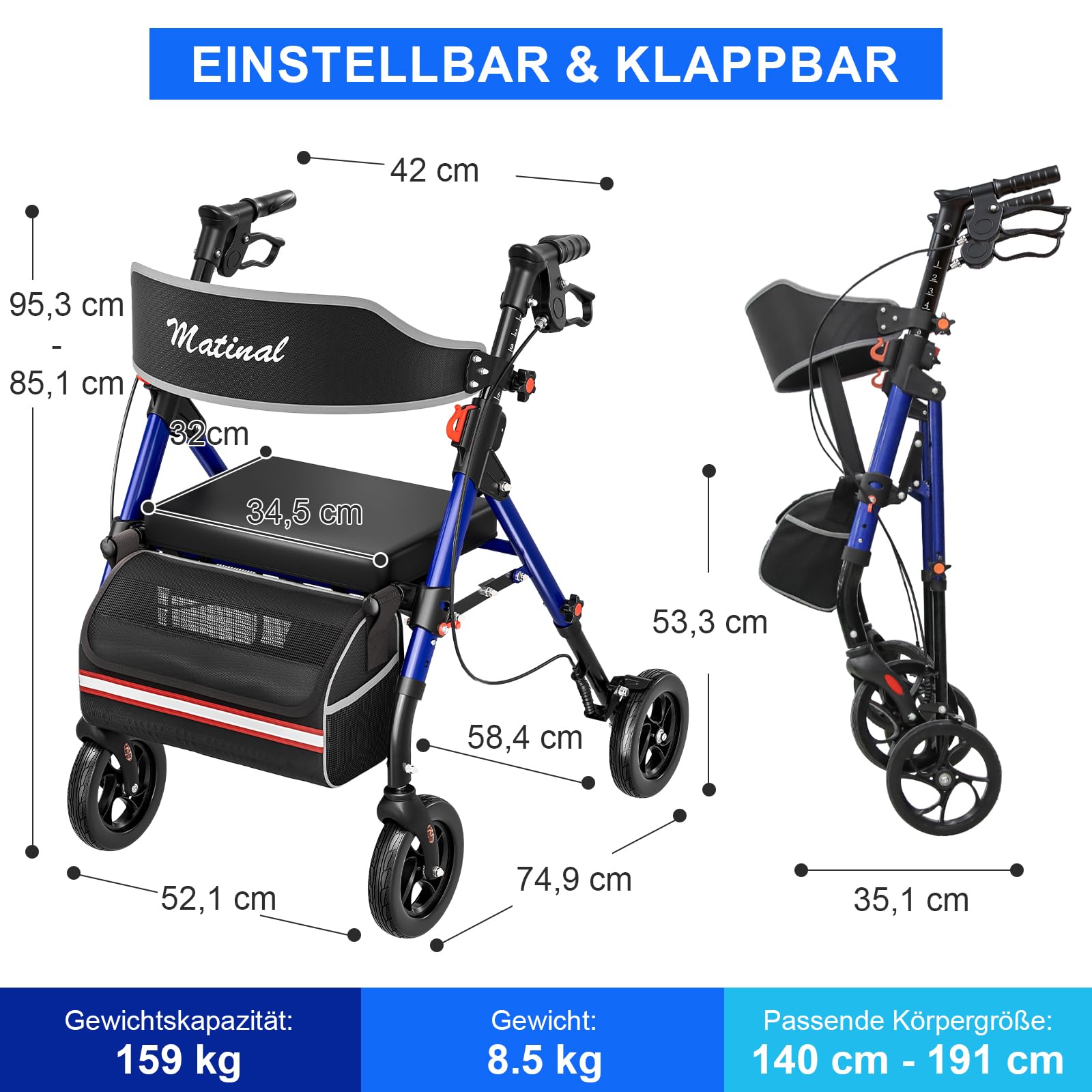 Andador plegable y ligero con asiento, andador para personas mayores de hasta 160 kg, con ruedas de 8 pulgadas y dirección de 360°, altura regulable en 6 posiciones, adecuado para uso diario