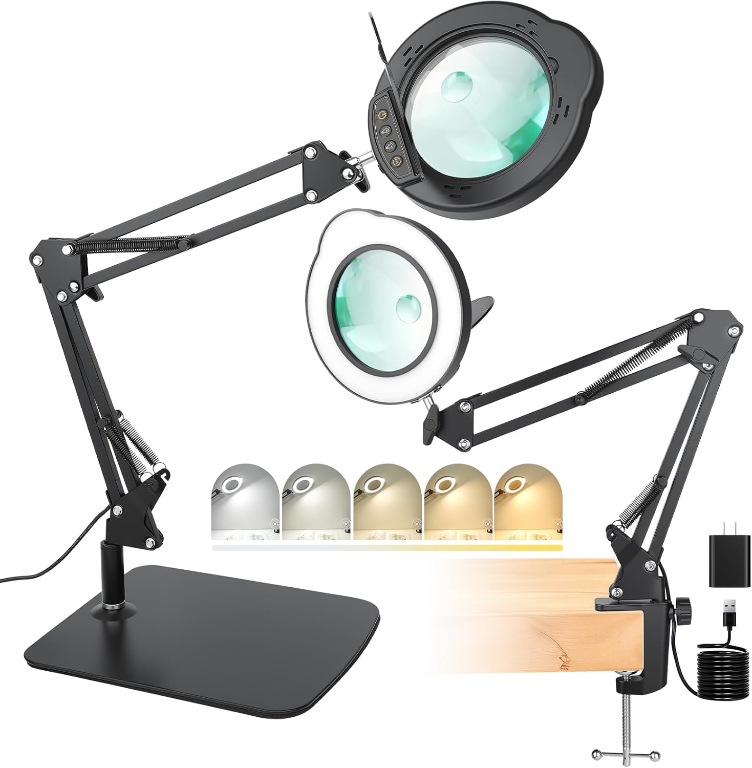 15X 30X Magnifying Glass with Light and Stand, LED Desk Lamp with Base and Clamp, 5 Color Mode, 10 Dimmable Levels, Hands-Free Magnifying Glasses for Close Work, Reading, Crafts, Jewelry