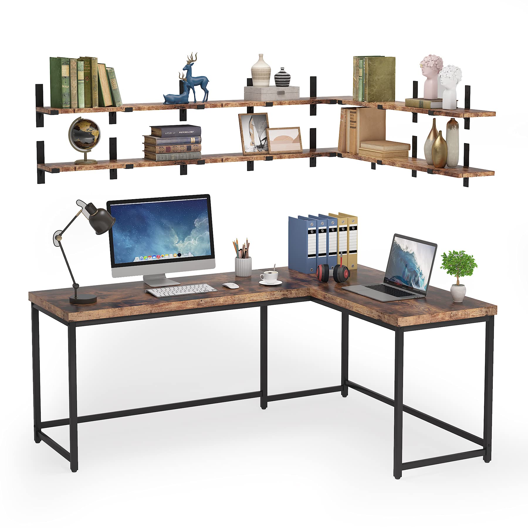 Buy Tribesigns L Shaped Desk with 4 Tier Floating Shelf, 67 Inch Corner