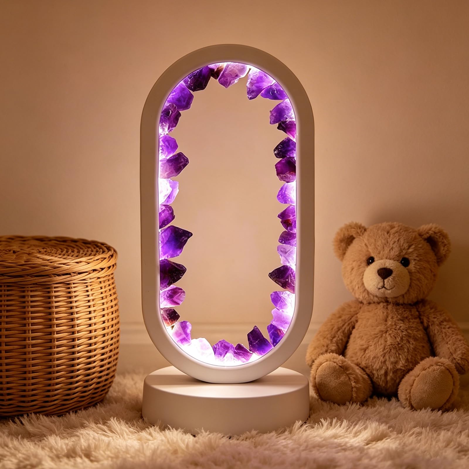 Deep Amethyst Crystal LED Table Lamp USB Dimmable Healing Desk Lamp Natural Crystals Night Light for Game Room Nail Salon Bedroom Desk Meditation W 3.94 in x H 8.66 in(Ellipse Deep Amethyst White)