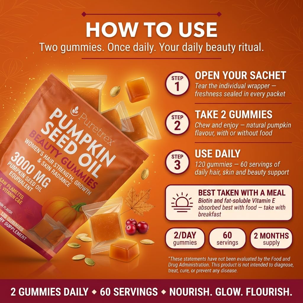 Pumpkin Seed Oil Beauty Gummies, Women's Hair Strength, Growth & Skin Radiance, 120 Count, with Saw Palmetto, Biotin, Vitamins C&E, Natural Pumpkin Flavor