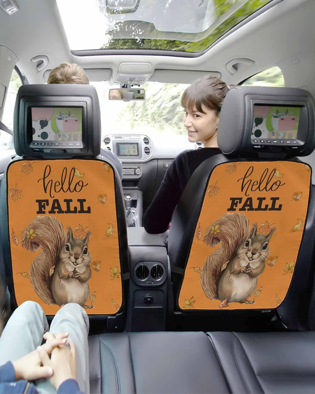 Car Seat Protector, 2 Pack Kick Mats with Organizer 3 Pocket Storage, Fall Thanksgiving Cute Squirrel Pumpkin Autumn Leaves Orange Back Seat Cover for Universal Fit Automotive Interior Protectors
