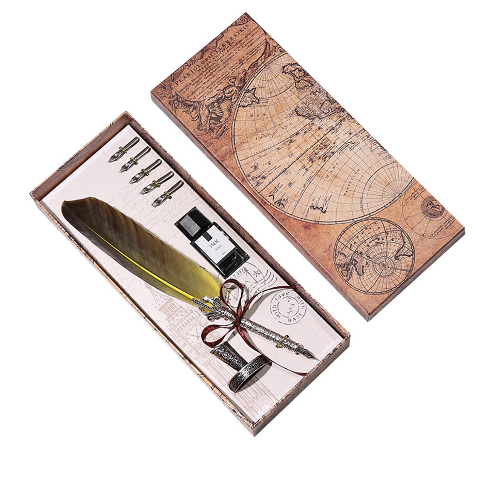 Zestaw piór z atramentem, Ręcznie robiony długopis z metalu z atramentem Vintage Writing Feather Dip Pen Box Set do pisania kaligrafii(Red)