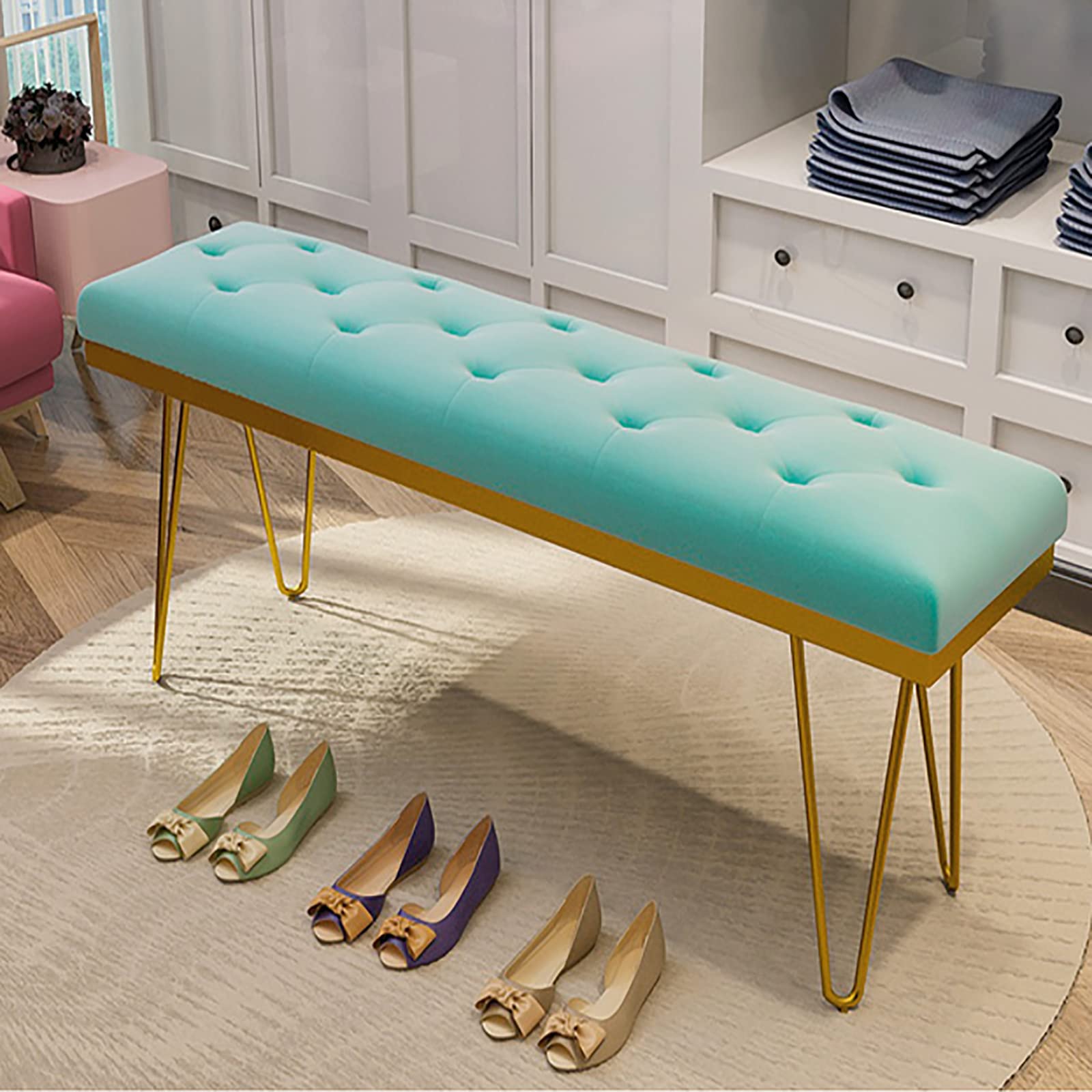 Banc de chambre bleu ciel bout de lit velours et meuble à chaussures d'entrée