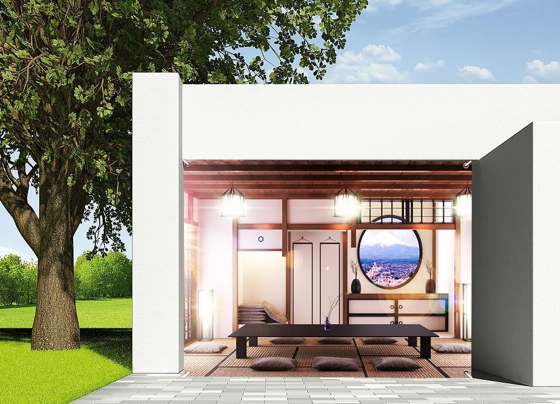 7x8ft Asian Interior Garage Door Decor Japanese Traditional Residence Tea Room Home Furnishings Long Table Garage Door Background Traveller Prom Wall Party Decor Banner