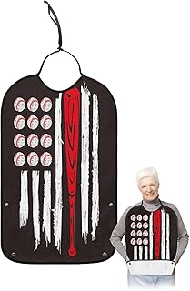 QueenKer Funny Adult Bibs for Eating, Baseball American Flag Design Waterproof Clothing Protector Washable Adult Bib with Crumb Catcher for Men Women Elderl and Seniors