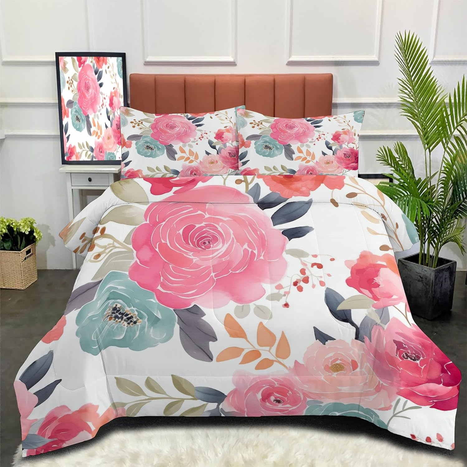 Watercolor Flowers Printed Comforter Set Twin Size, Bohemian Style Bedding Set Super Soft Duvet Insert with 1 Pillowcases for All Season for Adults Kids 68 x 86in, Pink