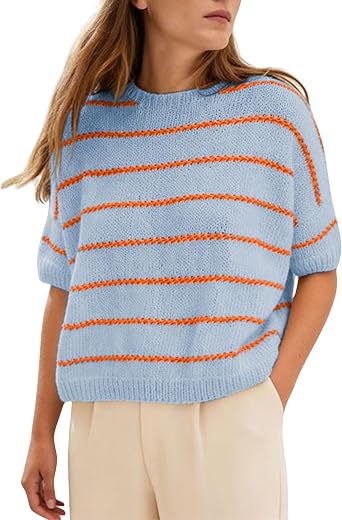 QIBABU Womens Short Sleeve Striped Sweater Cropped Lightweight Knit Tops