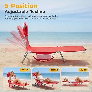 NEWBULIG Beach Lounge Chair Outdoor, Tanning Chair with Face Hole, Red