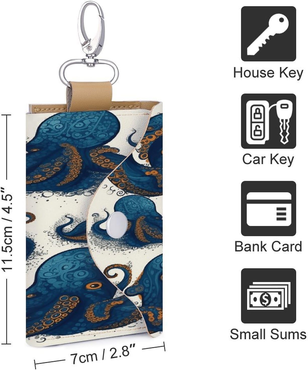 Tentacles Octopus Key Case Leather Car Key Chain Card Holder Wallet Pouch Keys Money Organizer Case Snap Closure image 2