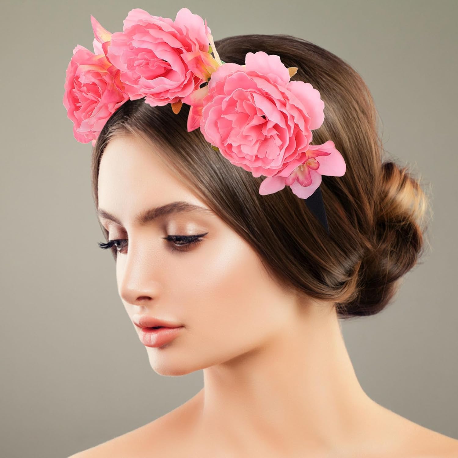 Headband Fabric and Plastic Material Pink Floral for Women with High Realism and Deformation Resistance for Weddings and Occasions