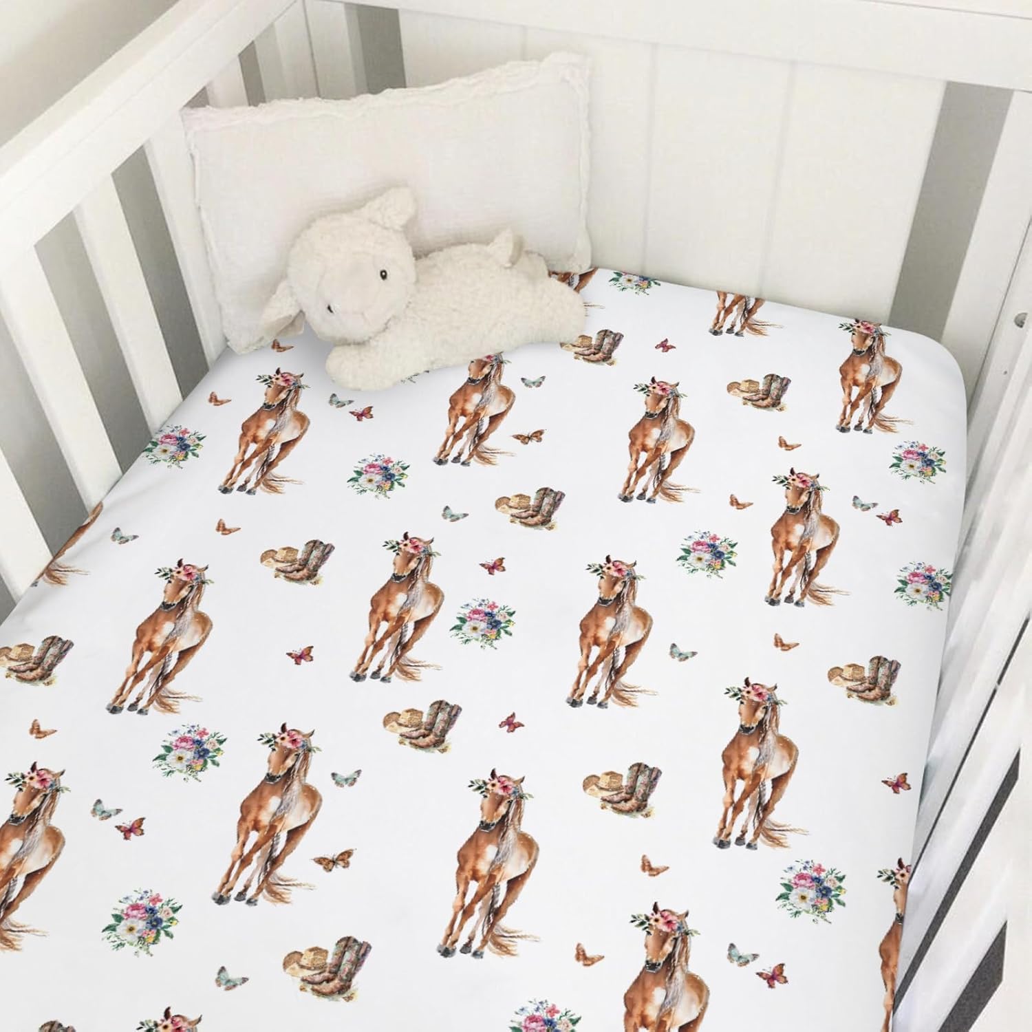 Watercolor Cowgirl Horse Floral Baby Crib Sheet 52''x28'' Western Cowgirl Boots Hats Stretchy Fitted Crib Mattress Cover for Boy Girl Wild Soft Baby Sheets for Standard Crib Toddler Mattress