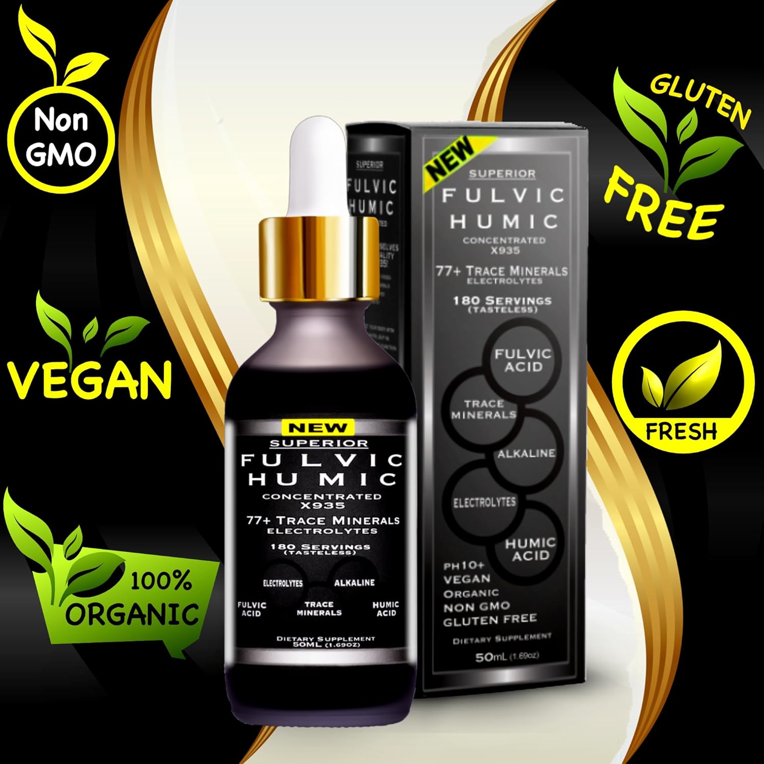 Fulvic Humic Mineral Blend – 180 Servings | Superior X935 Humic and Fulvic Acid Supplement | 77+ Trace Mineral Drops with Electrolytes | Improve Gut Health, Leaky Gut Repair with Fulvic Acid Organic