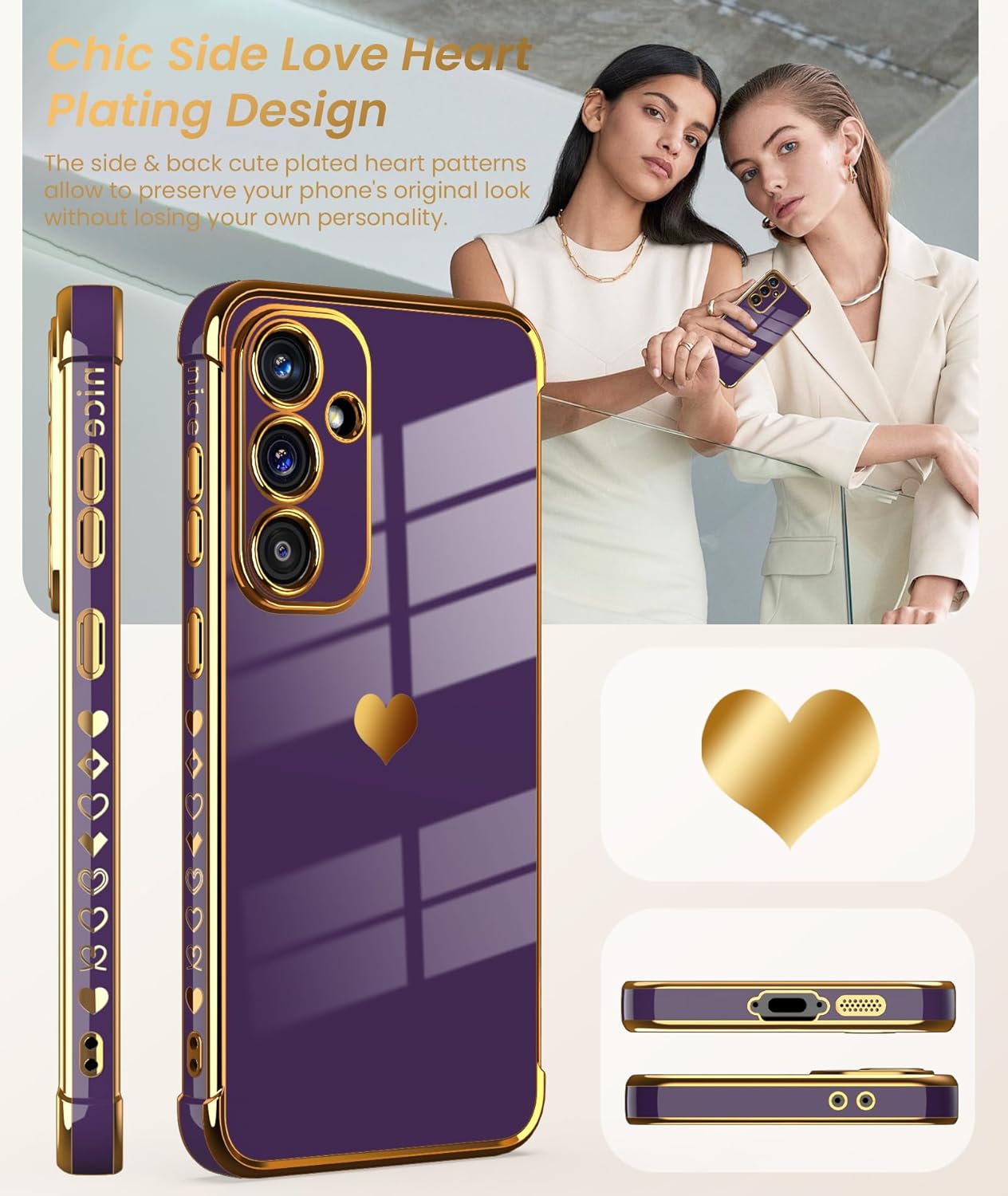 Dretal for Samsung Galaxy S24 FE 5G Case with Screen Protector, Women Girl Cute Girly Love-Heart Luxury Gold Soft Camera Protection Bumper Shockproof Phone Case for Galaxy S24 FE (Deep Purple, S24 FE) - Image 5