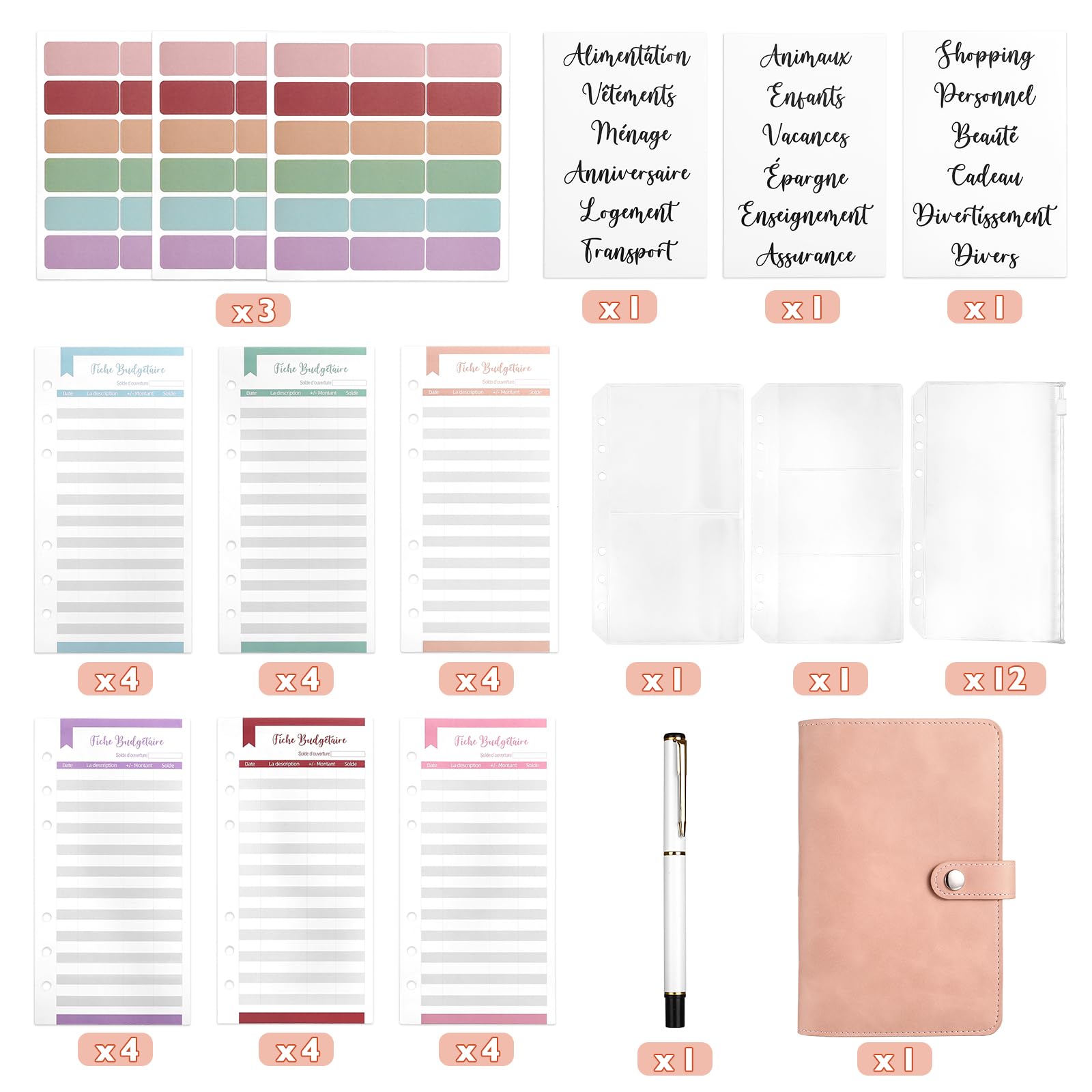 Kesote Enveloppe Budget Français Classeur Budget Planner Carnet Argent 14 Budgets 24 Feuilles 3 Autocollants 54 Étiquettes 1 Stylo A6 Rose