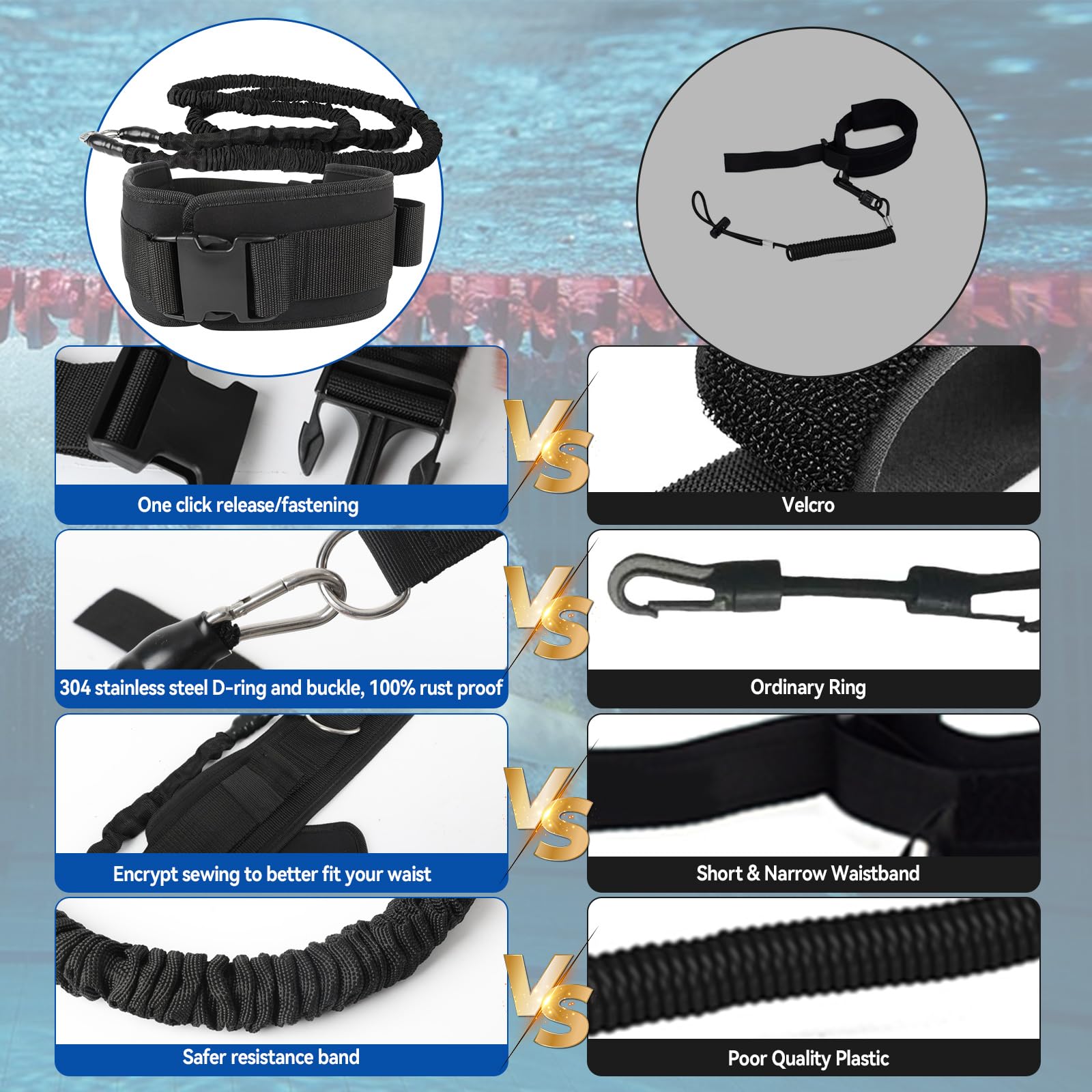 Ceinture d'entraînement de natation de 2,5 à 7,5 m, sangles élastiques de natation avec ceinture réglable et harnais stationnaire, aides à la natation pour adultes et enfants