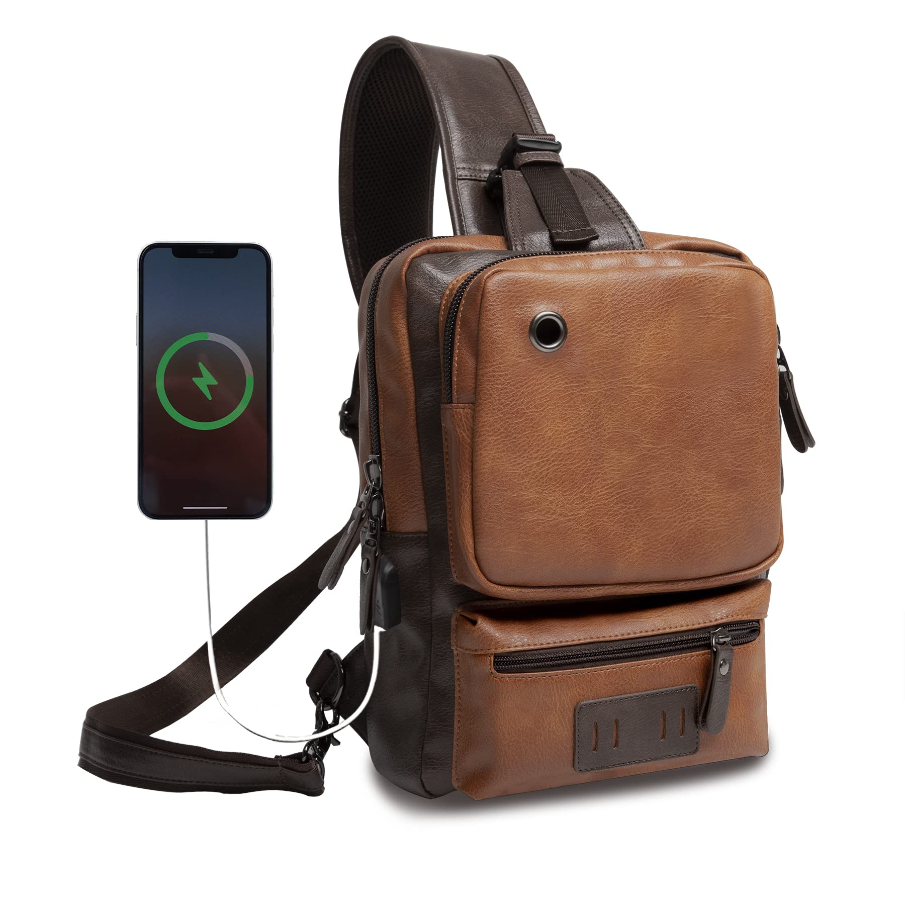 AONEGOLD Bolso Pecho Hombre Pequeña Piel Vintage Mochila de Cuero PU Bandoleras Cruzada Sling Bag Crossbody Puerto de Carga USB Bolsos Cruzados