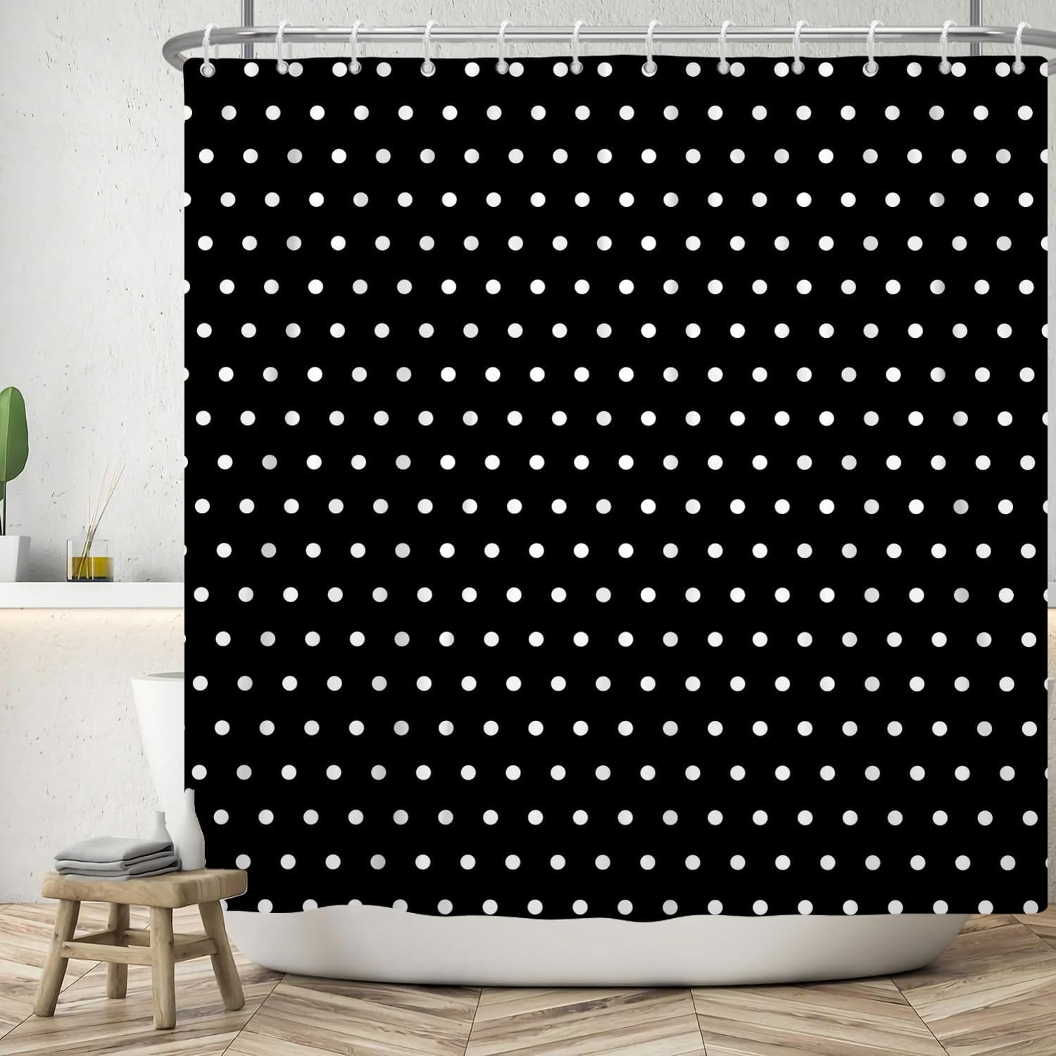 AOFOTO Polka Dot Shower Curtains Vintage Black White Spot Bathroom Shower Curtain Set Home Decorative Waterproof Polyester Fabric with Hooks 70x70 Inch