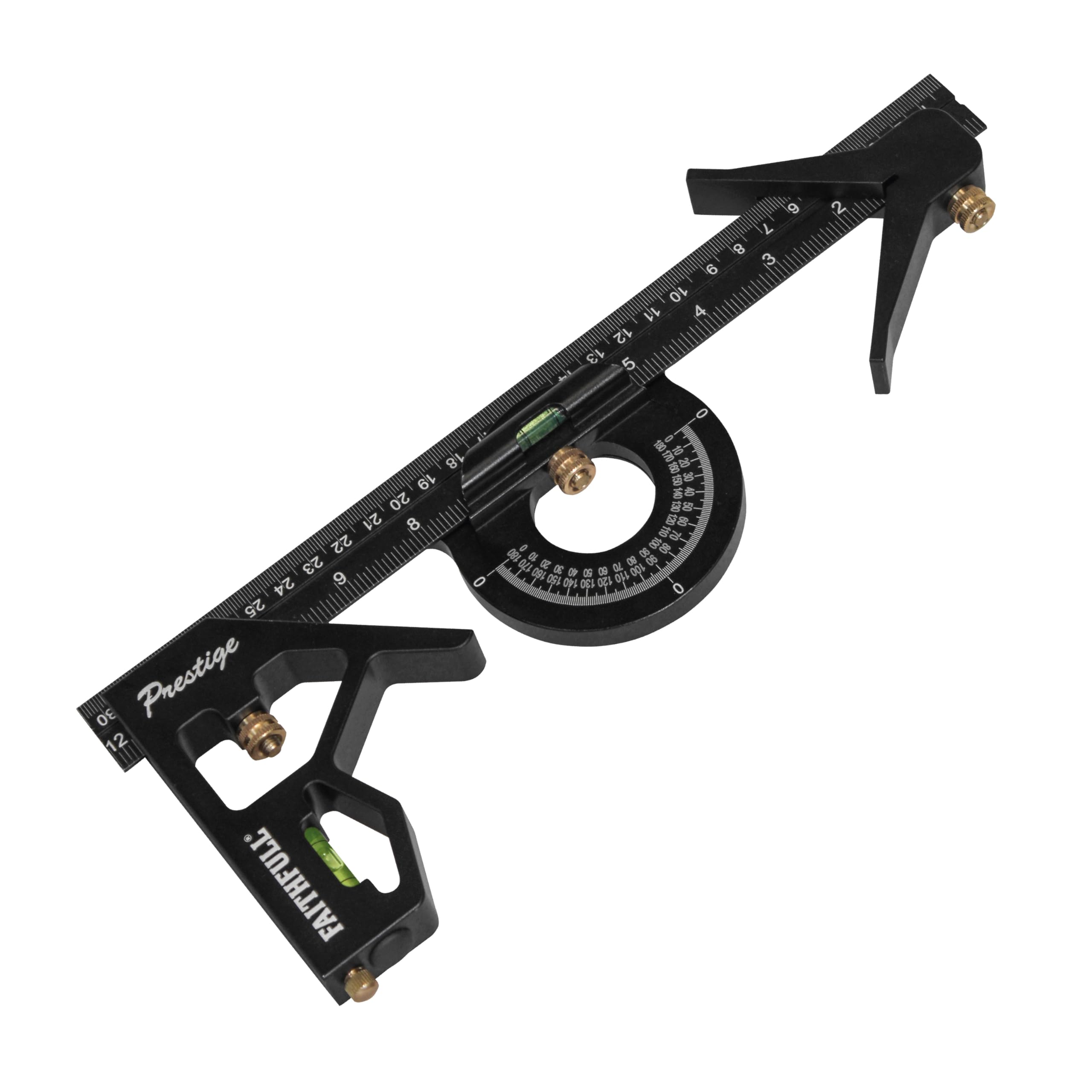 Faithfull Black Prestige Combination Square Set Aluminium 300Mm (12In) – Measuring & Layout Tool With Protractor, Centre Head, Spirit Levels & Stainless Steel Rule For Woodworking & Metalwork