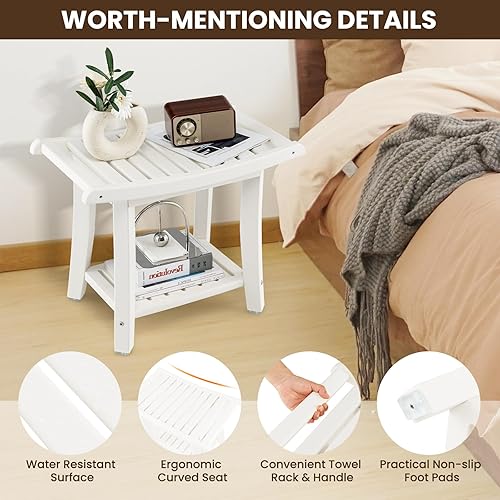 Miniatura 5 de GOFLAME Banco de ducha de 2 niveles, taburete de ducha de baño de spa con asiento curvo, 2 asas fáciles de agarrar, estante de almacenamiento y