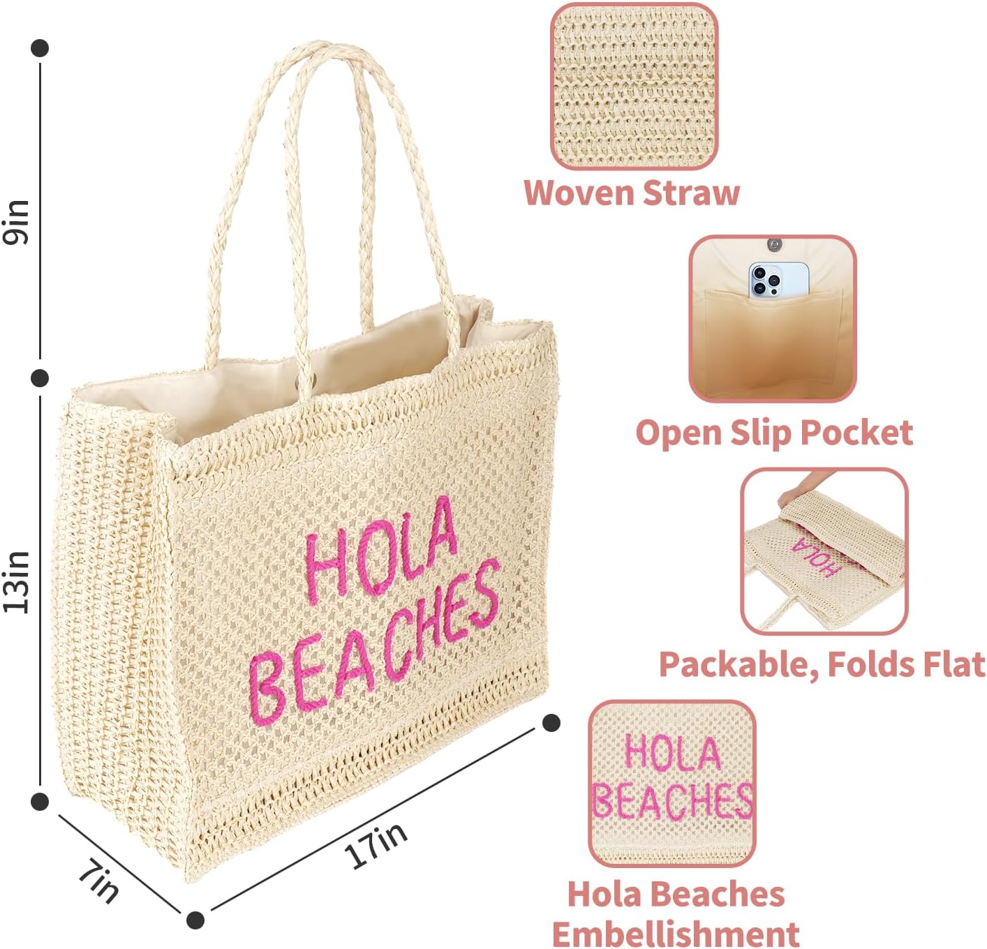Hello Beaches A Packable Beach Bag | The Straw Beach Tote Bag of 2025 | Beach Bags for Women Vacation | Large Beach Bag