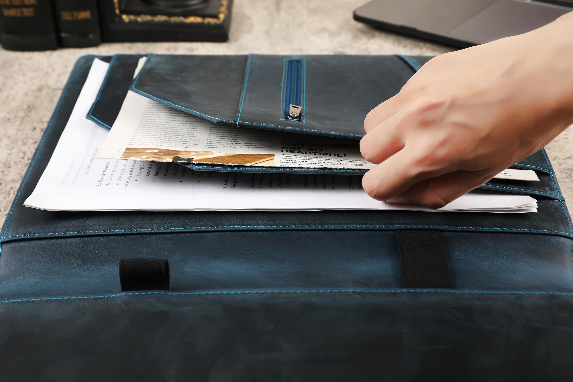 Portfolio-Mappe aus echtem Leder, für Linkshänder, Business-Organizer, Lebenslauf-Ordner, A4-Dokumentenmappe, Rechtsblock-Padfolio für Damen und Herren