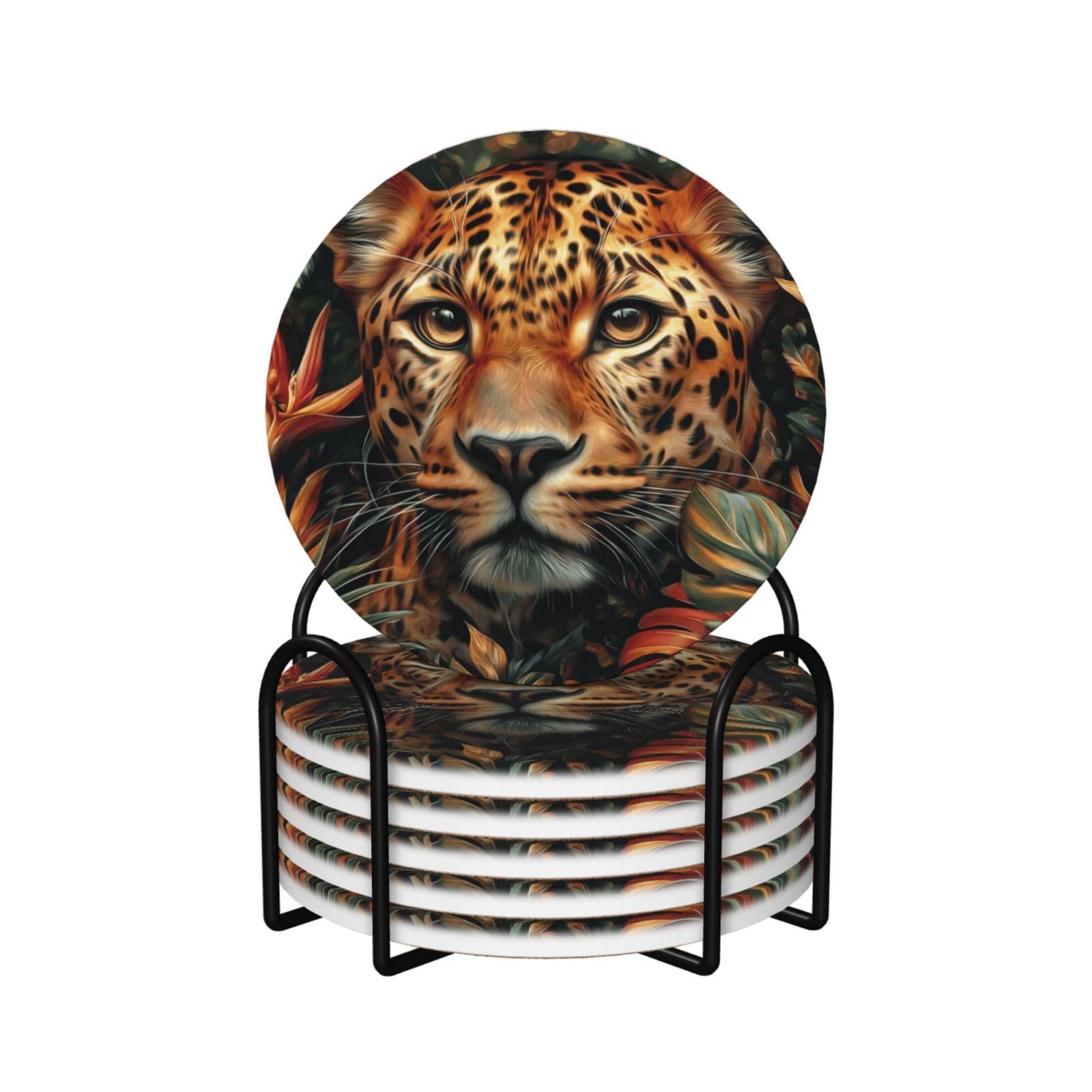 Leopard Jungle Simple Ceramic Coasters with Holder 6ps