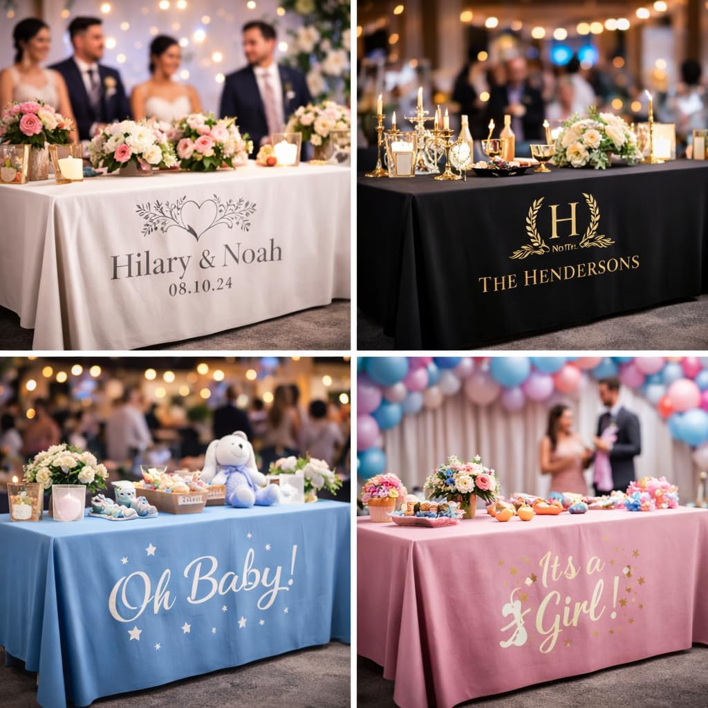 Personalized Tablecloth for Events - Ships Next Day, Made in USA - Birthdays, Wedding Anniversary, or Tradeshow Events, Machine Washable Polyester Fabric, Available in 3 Sizes, Custom Tablecloth
