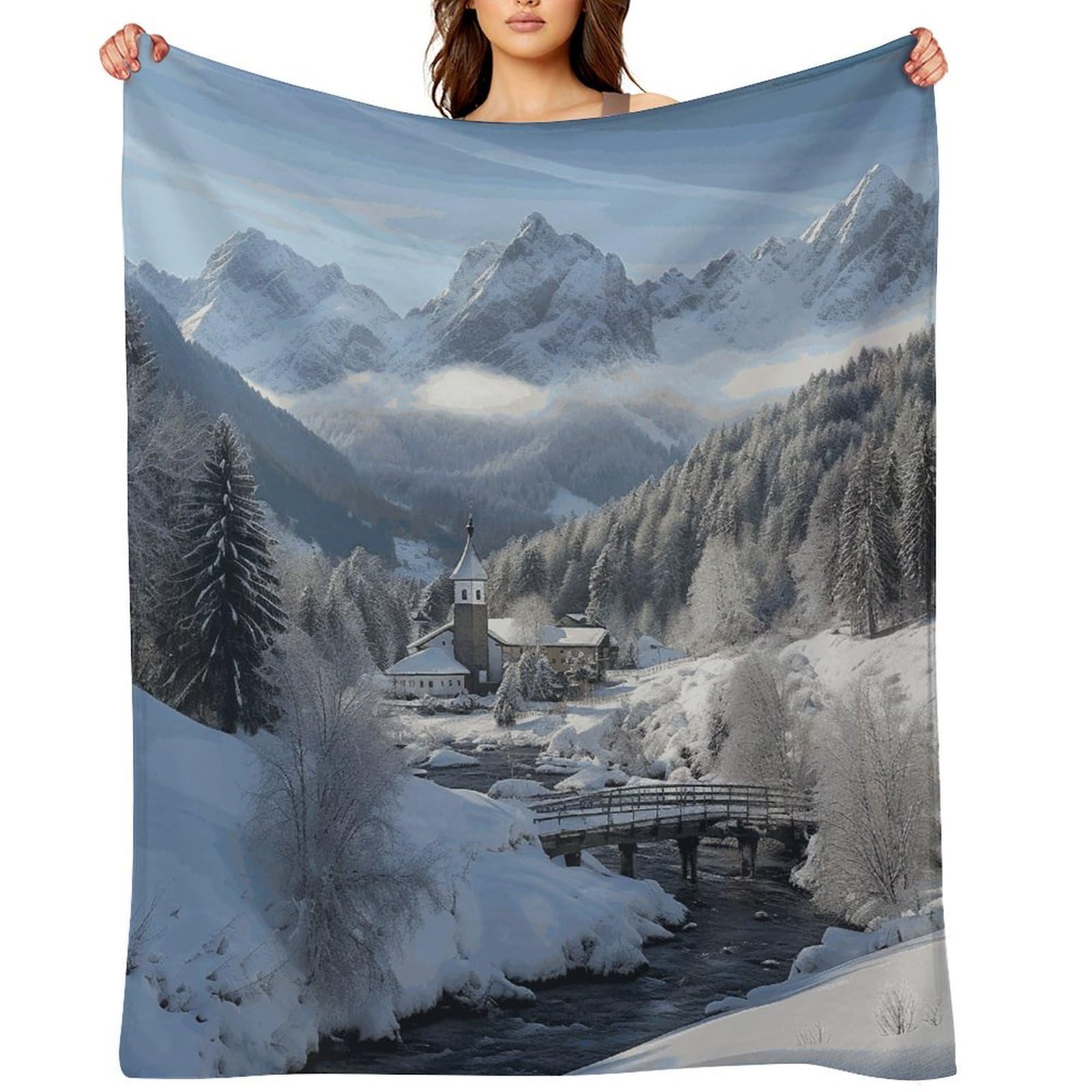 Flannel Winter Landscape in The Bavarian Alps Throw Blanket for Couch Super Soft Fuzzy Cozy Flannel Blankets No Shed No Pilling FAnti-Static Winter Bed Blanket Decorative and Giftable Blankets