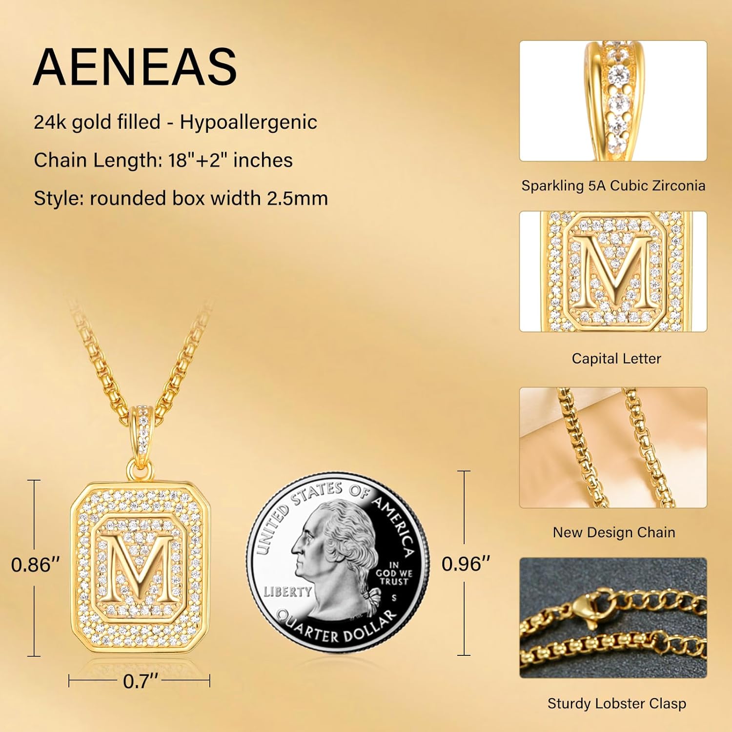 AENEAS Initial Necklace for Women Gold Plated Sterling Silver Square Initial Pendant Necklace Letter Jewelry Gift for Mom Wife Birthday Anniversary Christmas