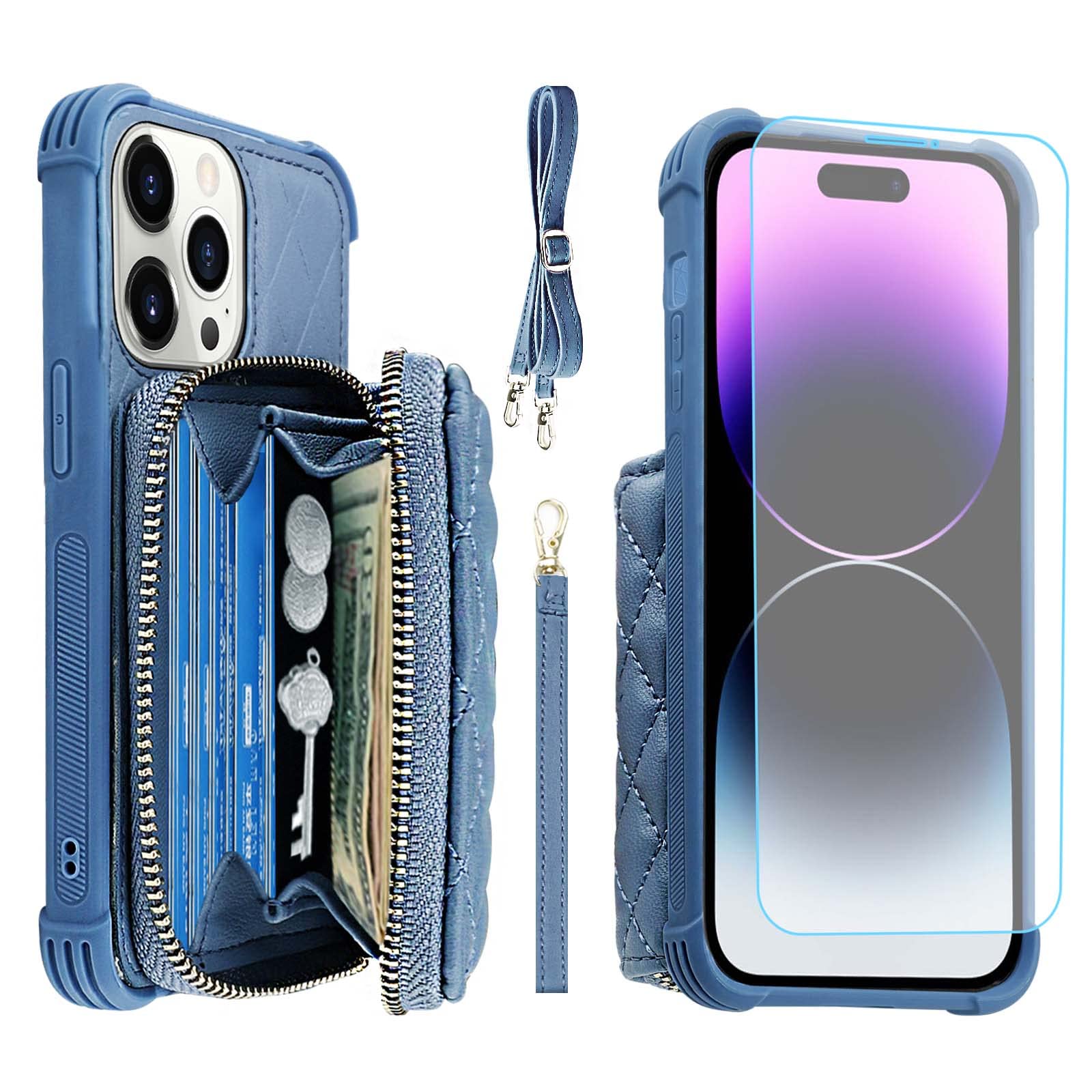 MONASAY Fit for iPhone 14 Pro PU Leather Zipper Wallet Case for Women,[Glass Screen Protector][RFID Blocking] Handbag Phone Cover with Card Holder & Crossbody Lanyard Strap, Light Blue (B0B7WZRC44) Amazon Price History, Amazon Price Tracker