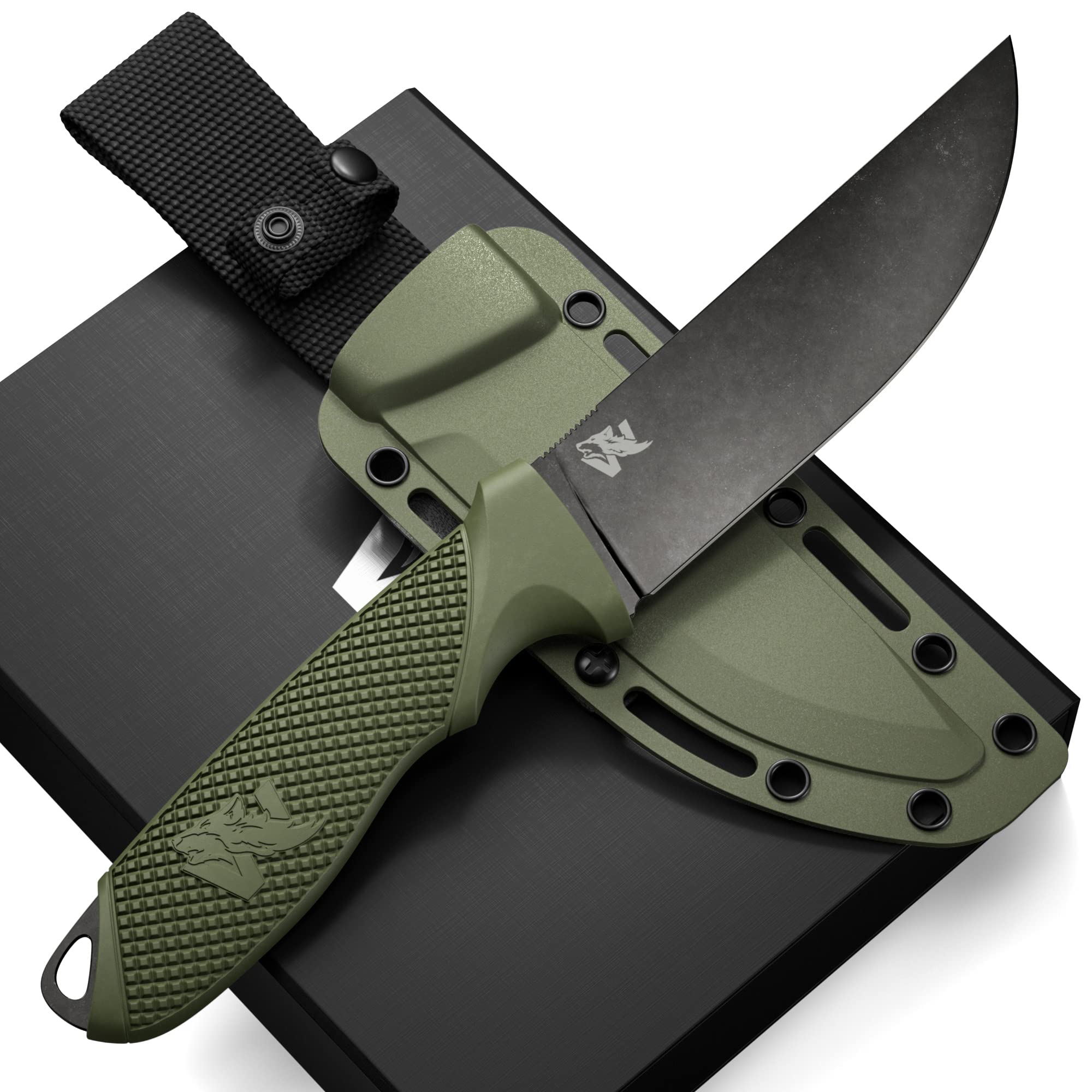 ODENWOLF W-FLAT Full Tang Survival Knife with Sheath - Stylish Tactical Fixed Blade - Made of D2 Steel - Bushcraft and Camping Knife Survival - Perfect EDC Hunting Knife with TPE Handle