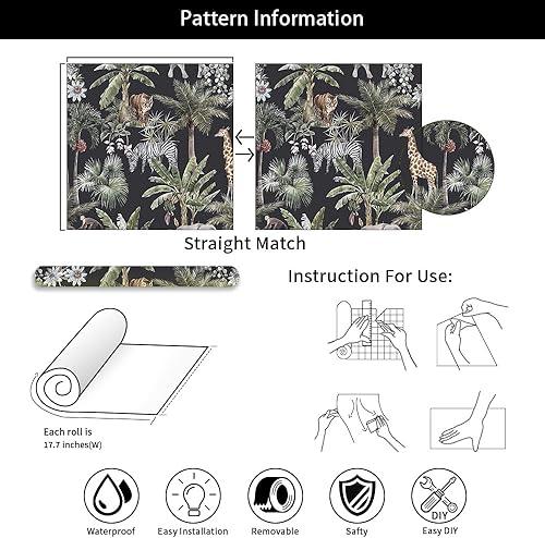 Miniatura 7 de MuralPeel Papel tapiz autoadhesivo con diseño de selva tropical, animales, plantas, hojas, tigre, autoadhesivo, extraíble, fácil de despegar en