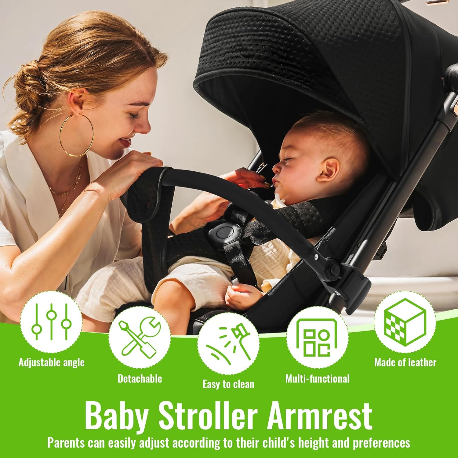 Stroller Bumper Bar Angle Adjustable Armrest Stroller Handle Stroller Bar Removable Stroller Crossbar for Bbz Yoyo, Yoyo 2, Yoyo+, Black PU Leather