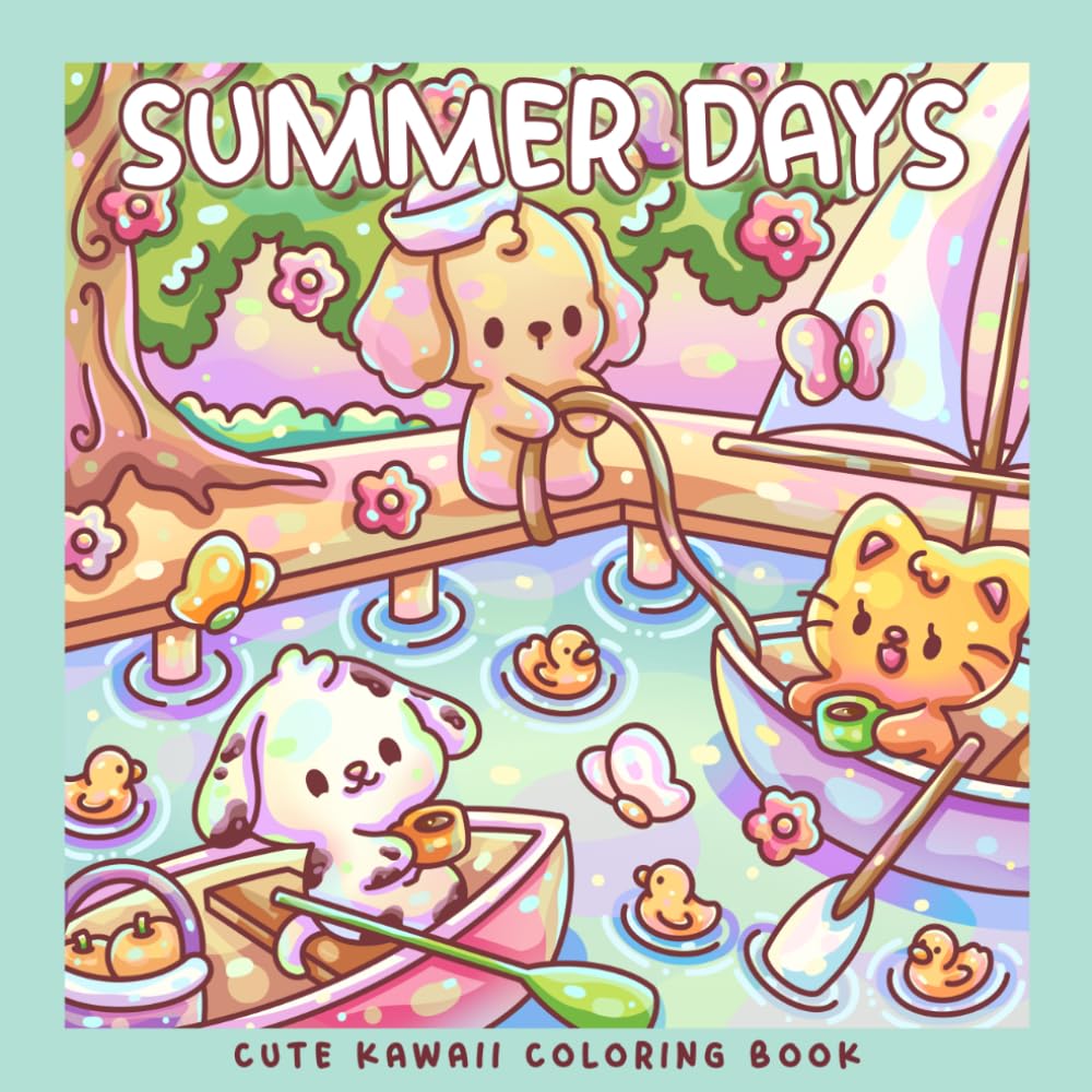 Summer Days: A Kawaii Coloring Book with Cute Holiday Animals & Sunny Vacation Scenes: 30 Coloring Pages with Dogs, Cats, Parrots, Guinea Pigs & More