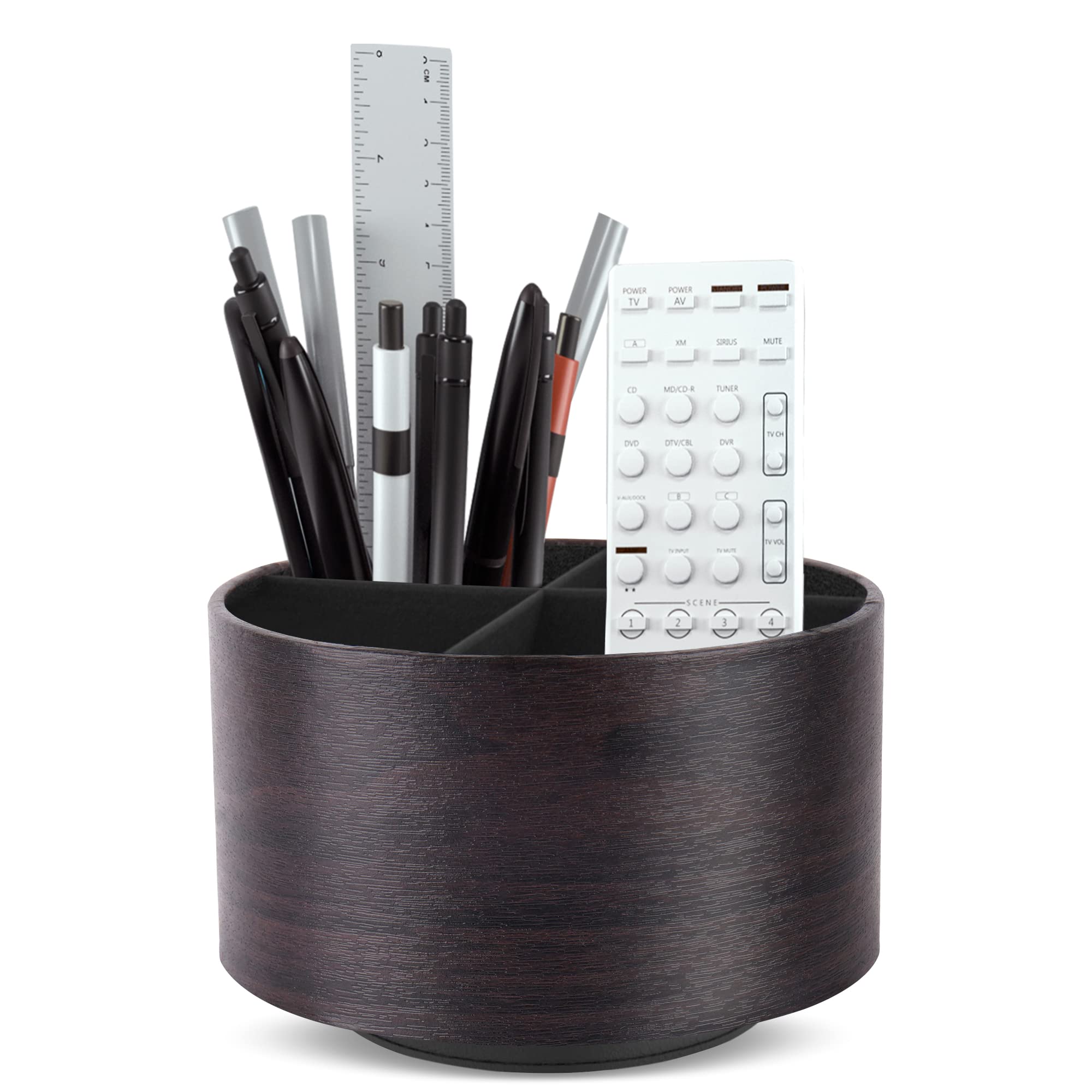 Czzmy 1-Dark Brown Round Leather Art Supply Organizer,Remote Control Holder,360 Degree Spinning,Multi-Functional Pencil Holder,4 Compartments Desktop Stationary Organizer(1-Dark Brown)