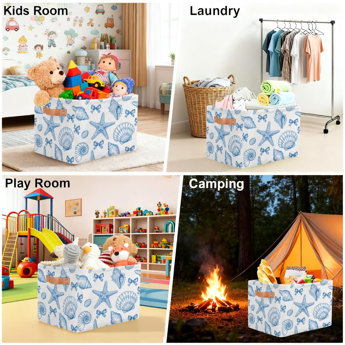 Line Art Rechteckiger Aufbewahrungskorb mit Muscheln und Seesternschleifen, 2 Stück, faltbarer Stoff-Aufbewahrungskorb für Schrank, Badezimmer, Wohnzimmer, Büro, Spielzeug, Organizer
