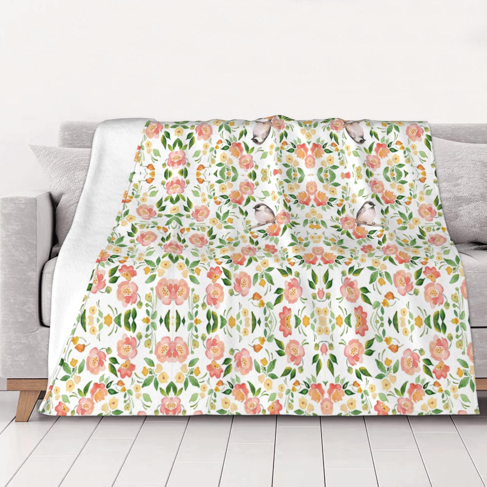 Couverture en flanelle légère à motif fleurs et oiseaux pour lit et camping