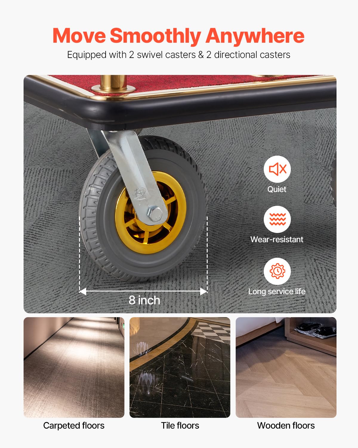 VEVOR Carrello Portavaligie per Hotel, Carico 680 kg Carrello Trasporto Portavaligie in Acciaio Inox Spazzolato con Montanti Curvi, Ponte in Moquette Rossa, Ruote in Gomma 203,2 mm per Hotel Condomini