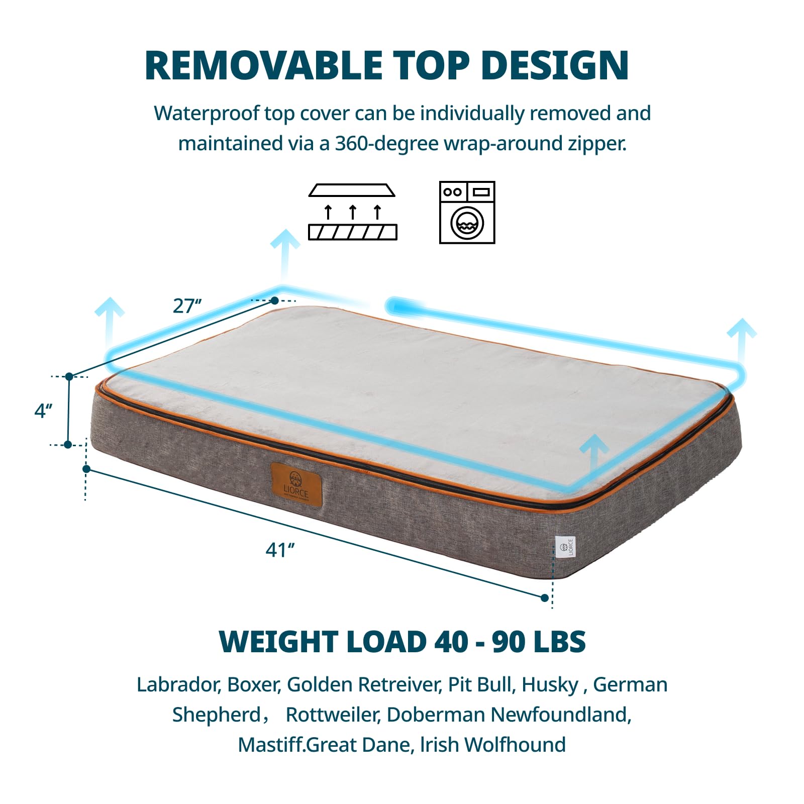LIORCE Cama XXL para perros extragrandes, camas ortopédicas jumbo para jaula de 48 pulgadas con funda extraíble lavable, alfombrilla de espuma de huevo refrescante para mascotas con forro impermeable,