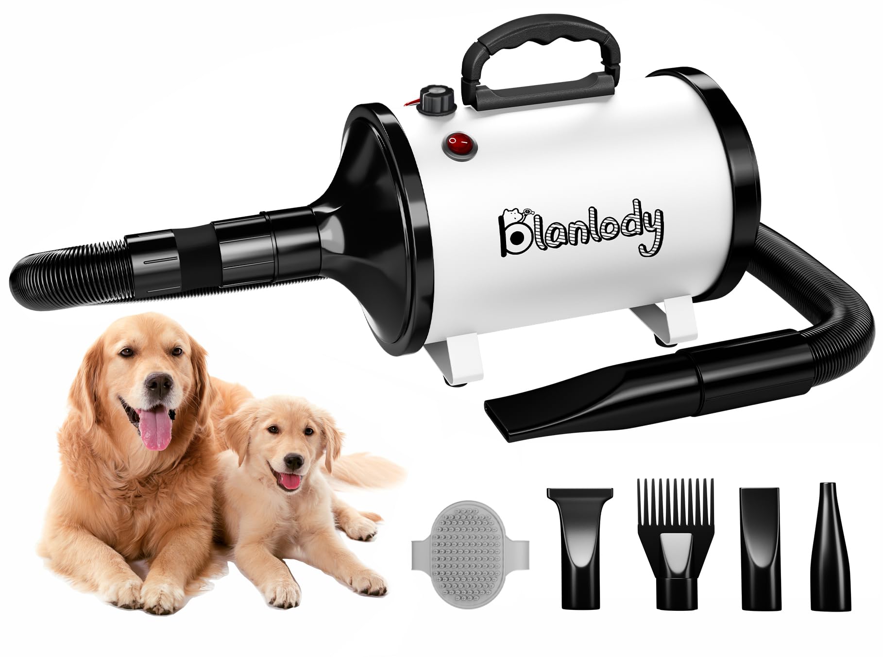 Blanlody Asciugacapelli per Cani Blower Molto Silenzioso, 4,5 CV/3200 W, velocità Regolabile, Ventilatore per la Cura del Cane con 4 Diversi ugelli, Tubo Elastico e Spazzola per la Cura