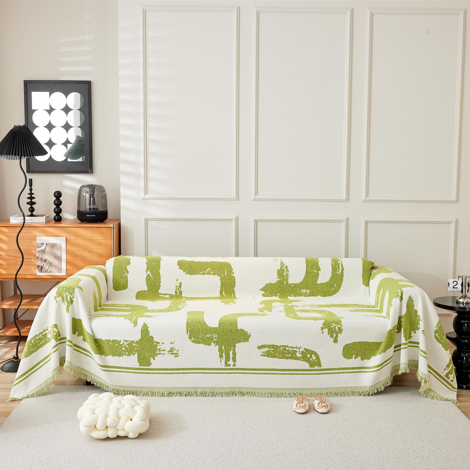 Housse de canapé d'angle 5 places en chenille verte de grande taille 180x420cm
