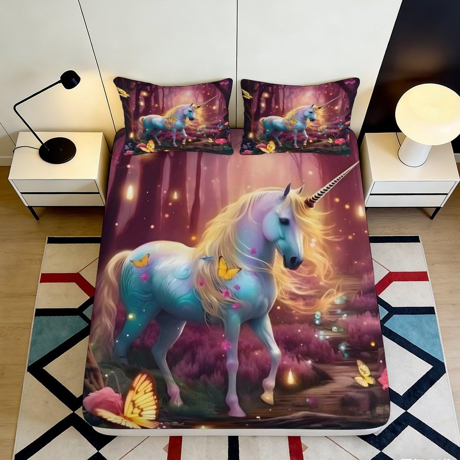 Pnayamiorkfel Style-8 3D Printed Fantasy Unicorn Fitted Sheet Microfiber Soft Anti-Slip Magical Forest Mattress Cover For Bedroom Guest Room Decor 90X200x25cm