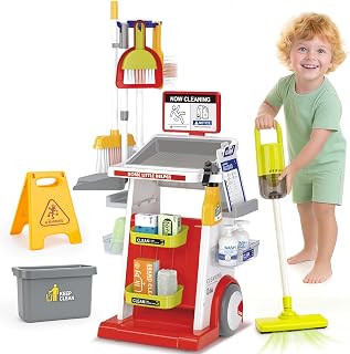 Dreamon Toddler Cleaning Set - New 19Pcs Detachable Kids Cleaning Toy Set with Kids Vacuum That Really Works, Pretend Play Educational Cleaning Carts for Toddlers Girls Boys Age 3-6