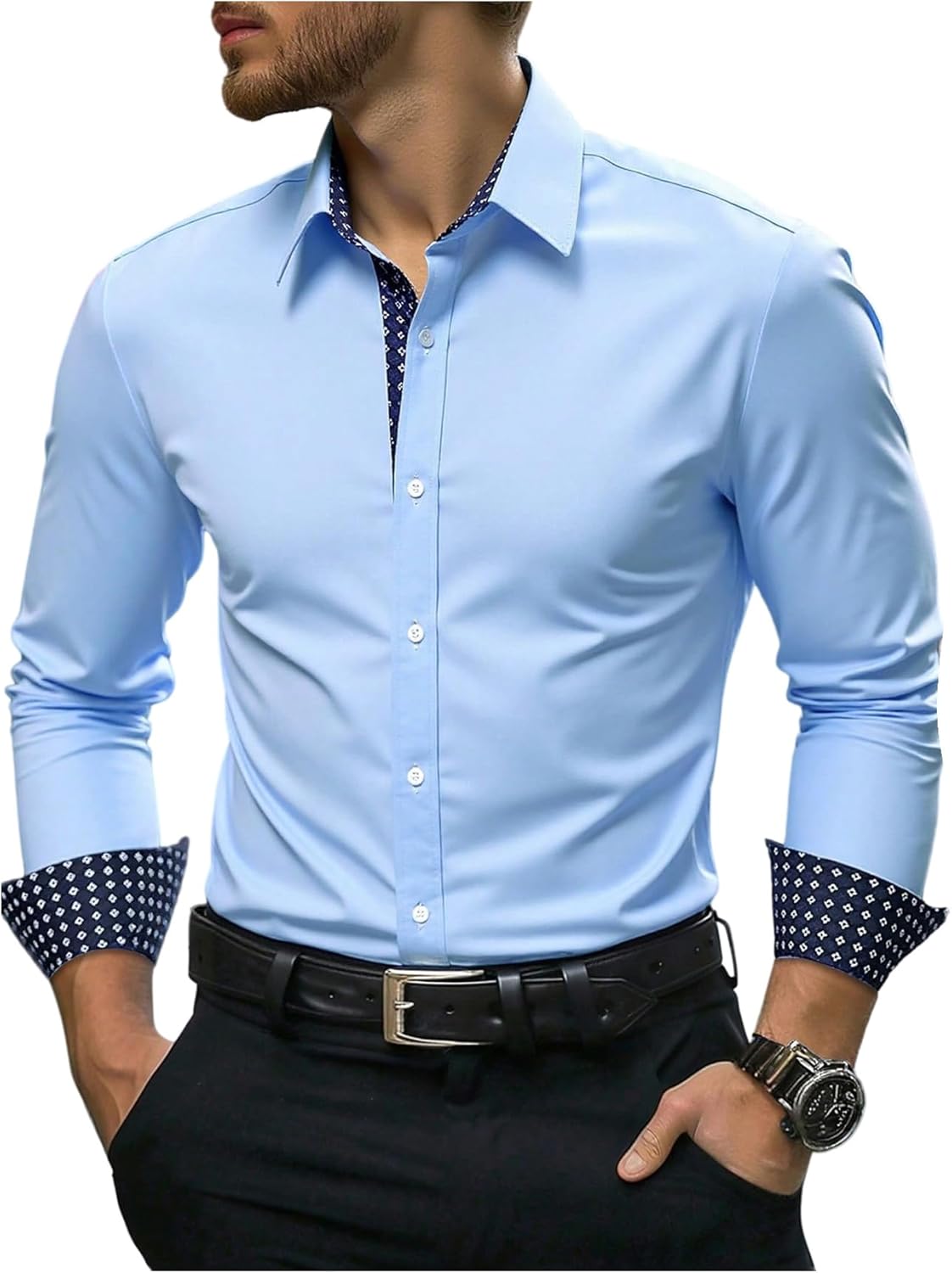 GORGLITTER Men's Button Down Dress Shirts Long Sleeve Collared Business Casual Work Office Formal Shirt